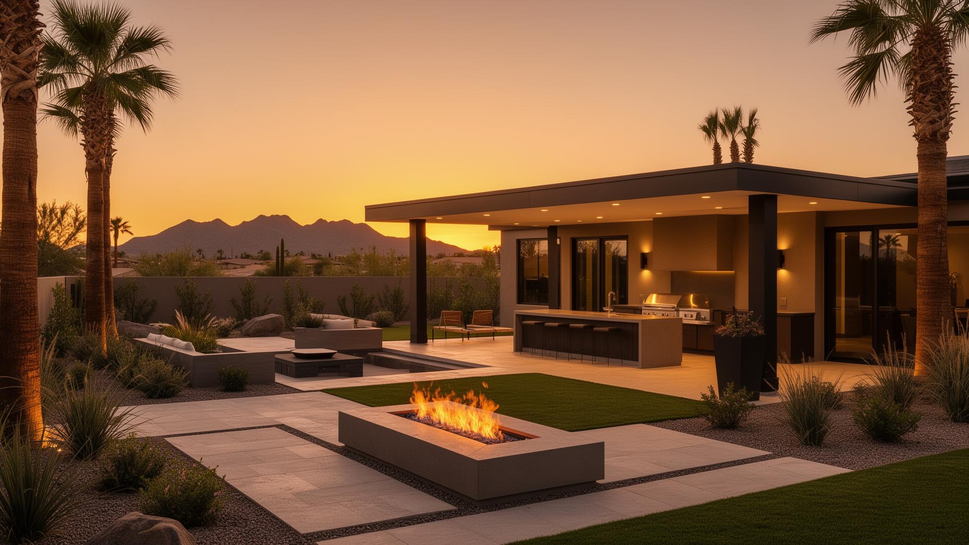Luxury Phoenix backyard remodel at golden hour with fire feature, patio and outdoor kitchen